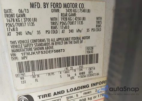 2013 Ford Expedition El Xl z USA, uszkodzony, nr VIN 1FMJK1F53DEF58873